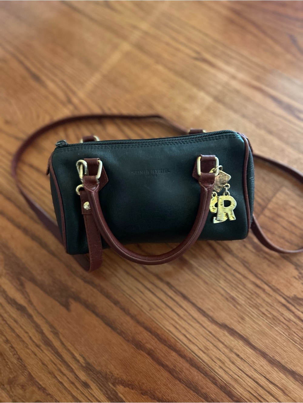 Sonia Rykiel Black Satchel Bag Wine handles & Detachable Strap,Gold SR Charm